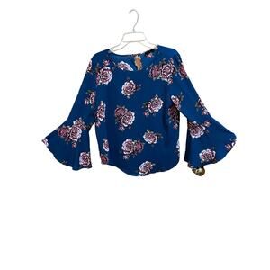 Blue Blouse with Pink Flowers Women’s Size L